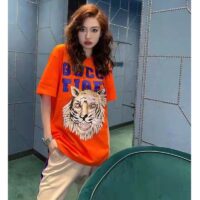 Gucci GG Women Gucci Tiger Cotton T-Shirt Orange Jersey Crewneck (4)