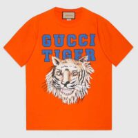 Gucci GG Women Gucci Tiger Cotton T-Shirt Orange Jersey Crewneck (4)