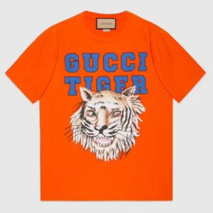 Gucci GG Women Gucci Tiger Cotton T-Shirt Orange Jersey Crewneck