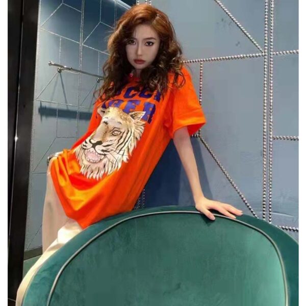 Gucci GG Women Gucci Tiger Cotton T-Shirt Orange Jersey Crewneck (5)