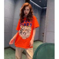 Gucci GG Women Gucci Tiger Cotton T-Shirt Orange Jersey Crewneck (4)