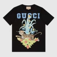 Gucci GG Women Gucci Tiger Flower T-shirt Black Cotton Jersey Crewneck Oversize Fit (4)
