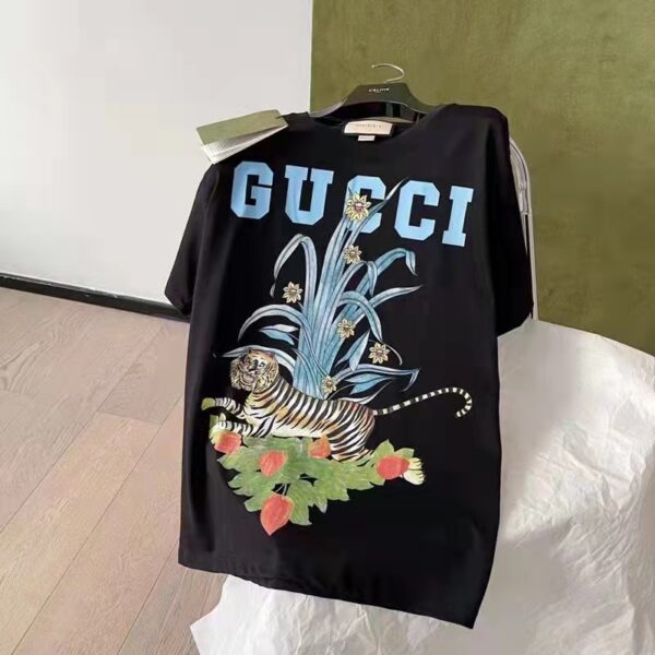 Gucci GG Women Gucci Tiger Flower T-shirt Black Cotton Jersey Crewneck Oversize Fit (5)