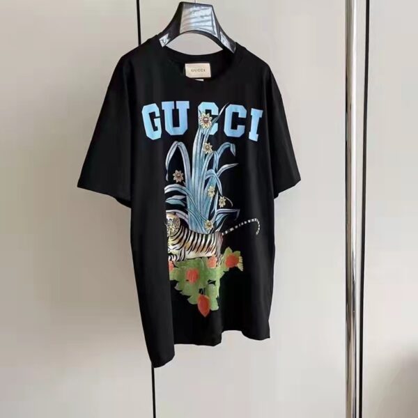 Gucci GG Women Gucci Tiger Flower T-shirt Black Cotton Jersey Crewneck Oversize Fit (9)