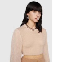 Gucci GG Women Silk Mohair Sweater Feathers Beige Double G Embroidery Crewneck (4)