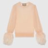 Gucci GG Women Silk Mohair Sweater Feathers Beige Double G Embroidery Crewneck