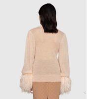 Gucci GG Women Silk Mohair Sweater Feathers Beige Double G Embroidery Crewneck (4)