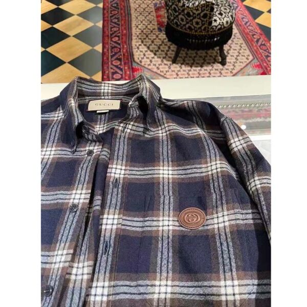 Gucci Men Check Wool Shirt Blue Yellow Check Leather Interlocking G Tag (4)