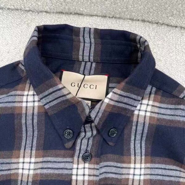 Gucci Men Check Wool Shirt Blue Yellow Check Leather Interlocking G Tag (7)