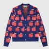 Gucci Men GG Les Pommes Cotton Cardigan Dark Blue Red Apple Knit Cotton Jacquard