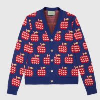 Gucci Men GG Les Pommes Cotton Cardigan Dark Blue Red Apple Knit Cotton Jacquard (2)