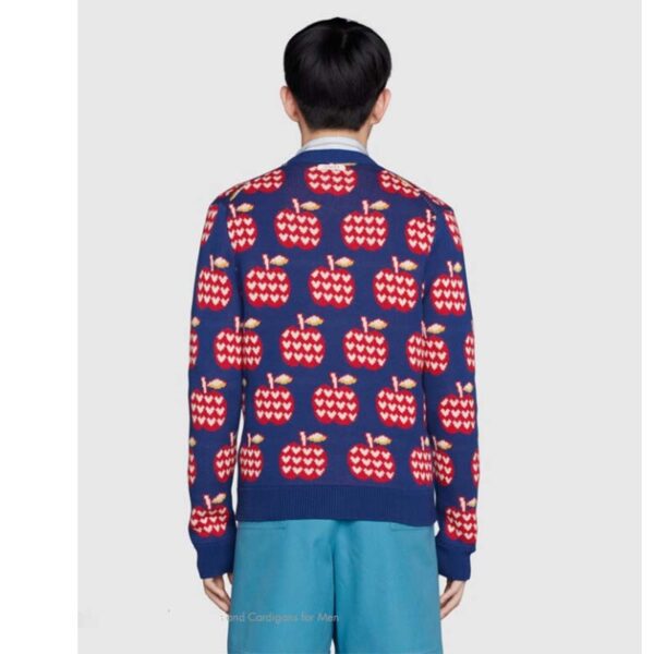 Gucci Men GG Les Pommes Cotton Cardigan Dark Blue Red Apple Knit Cotton Jacquard (8)