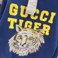 Gucci Men GG Tiger Cotton Sweatshirt Blue Felted Jersey Crewneck