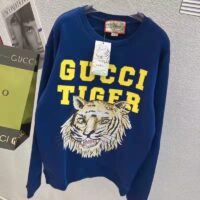 Gucci Men GG Tiger Cotton Sweatshirt Blue Felted Jersey Crewneck