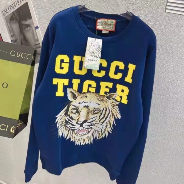 Gucci Men GG Tiger Cotton Sweatshirt Blue Felted Jersey Crewneck (3)