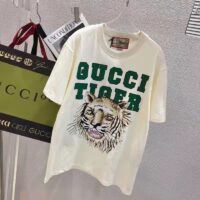 Gucci Men GG Tiger Cotton T-Shirt White Jersey Tiger Head Crewneck