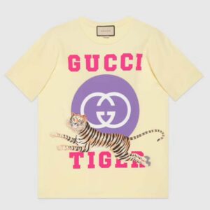 Gucci Men GG Tiger Interlocking G T-Shirt Yellow Cotton Jersey Flower Crewneck Oversize Fit