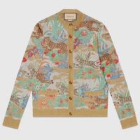 Gucci Men GG Tiger Jacquard Cardigan Gold Green Tiger Flower Extra Fine Lurex Crewneck