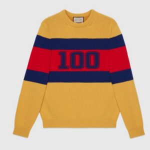 Gucci Men Gucci 100 Wool Sweater Yellow Wool Blue Red Web 100 Intarsia