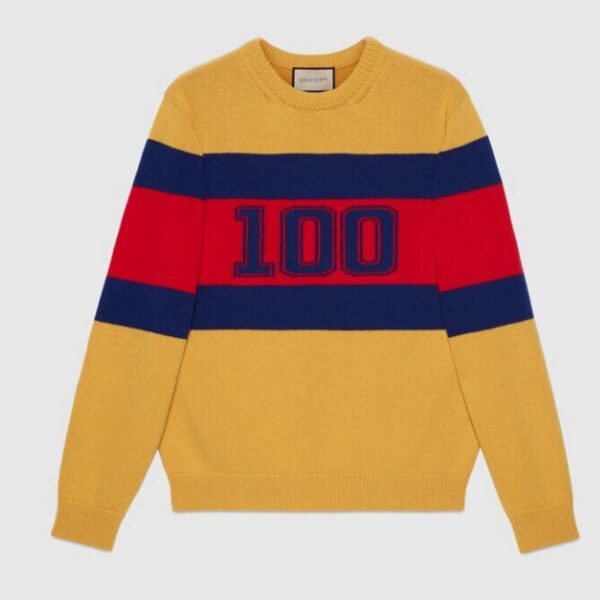 Gucci Men Gucci 100 Wool Sweater Yellow Wool Blue Red Web 100 Intarsia (5)