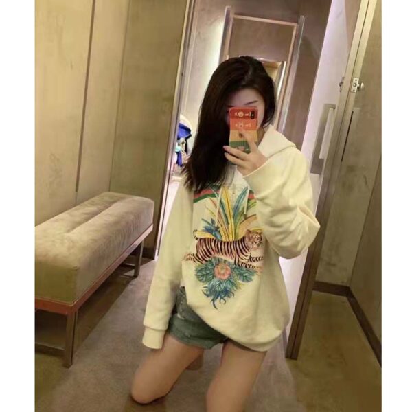 Gucci Women GG Tiger Hooded Sweatshirt Ivory Felted Cotton Jersey Fixed Hood (1)