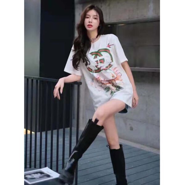 Gucci Women GG Tiger Interlocking G T-Shirt White Cotton Jersey Flower Crewneck Oversize Fit (3)