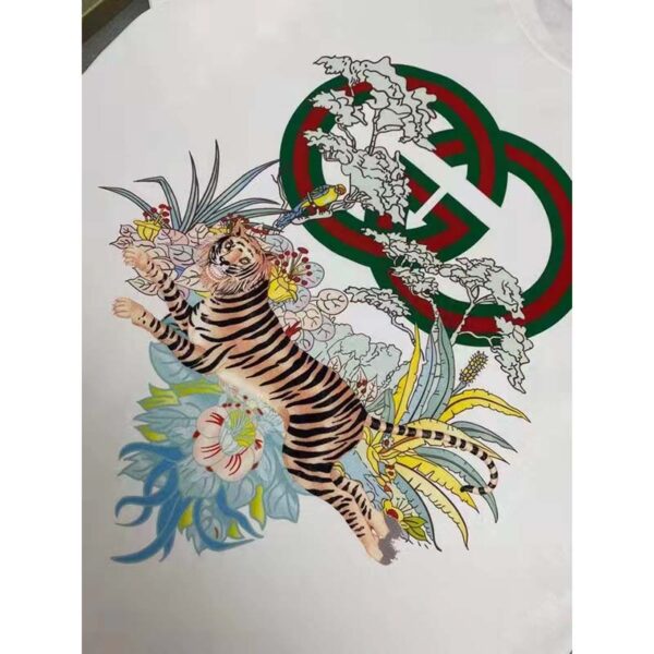 Gucci Women GG Tiger Interlocking G T-Shirt White Cotton Jersey Flower Crewneck Oversize Fit (9)