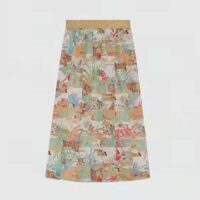 Gucci Women GG Tiger Jacquard Pleated Skirt Gold Green Tiger Flower Extra Fine Lurex (1)