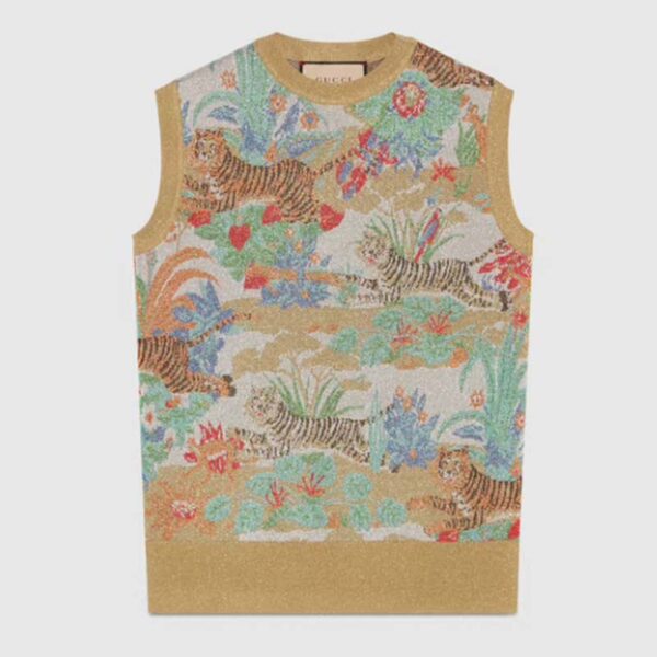 Gucci Women GG Tiger Jacquard Vest Gold Green Tiger Flower Extra Fine Lurex Crewneck (11)