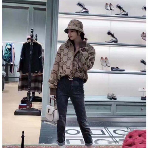 Gucci Women Jumbo GG Canvas Jacket Beige Ebony Jumbo Cotton Wool Leather (6)