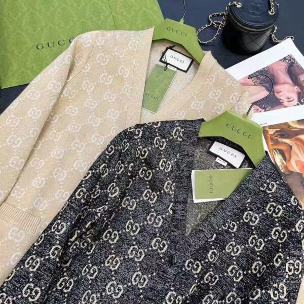 Gucci Women Lamé GG Jacquard Cardigan Black Beige Fine Cotton (1)