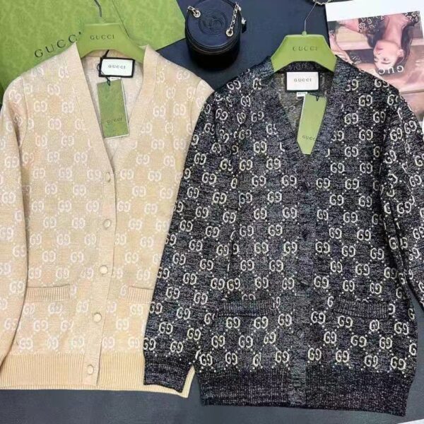 Gucci Women Lamé GG Jacquard Cardigan Black Beige Fine Cotton (10)