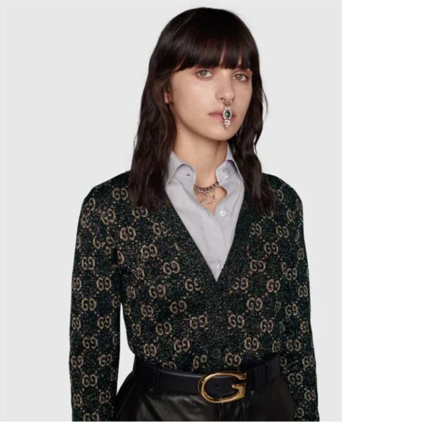 Gucci Women Lamé GG Jacquard Cardigan Black Beige Fine Cotton (11)