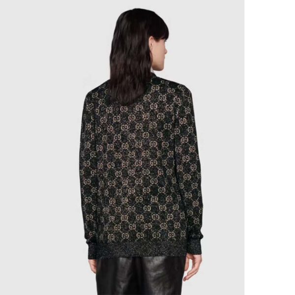 Gucci Women Lamé GG Jacquard Cardigan Black Beige Fine Cotton (6)