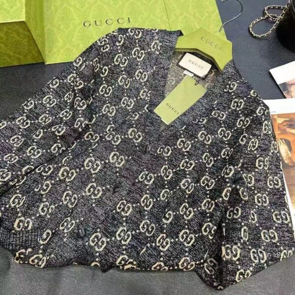 Gucci Women Lamé GG Jacquard Cardigan Black Beige Fine Cotton (8)