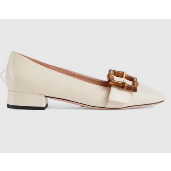 Gucci Women’s GG Ballet Flat Bamboo Buckle White Leather Round Toe Chunky Heel (8)