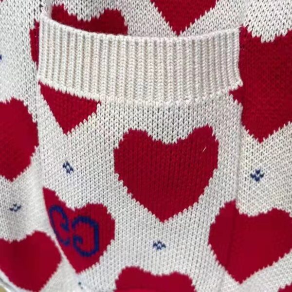 Gucci Women’s Les Pommes Cotton Heart Sweater White Hearts Knit Cotton Jacquard V-Neck (1)