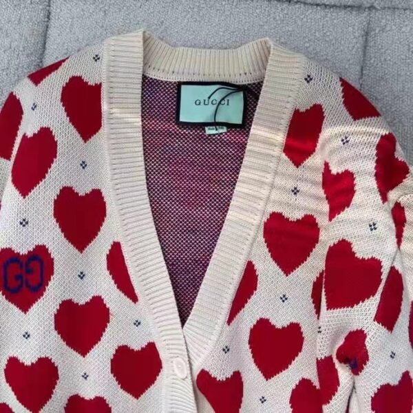 Gucci Women’s Les Pommes Cotton Heart Sweater White Hearts Knit Cotton Jacquard V-Neck (10)