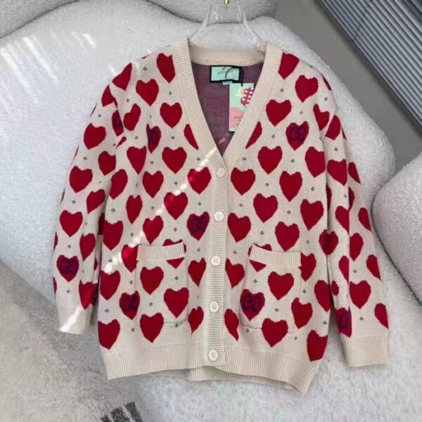 Gucci Women’s Les Pommes Cotton Heart Sweater White Hearts Knit Cotton Jacquard V-Neck (11)