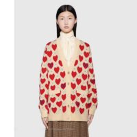 Gucci Women’s Les Pommes Cotton Heart Sweater White Hearts Knit Cotton Jacquard V-Neck (6)