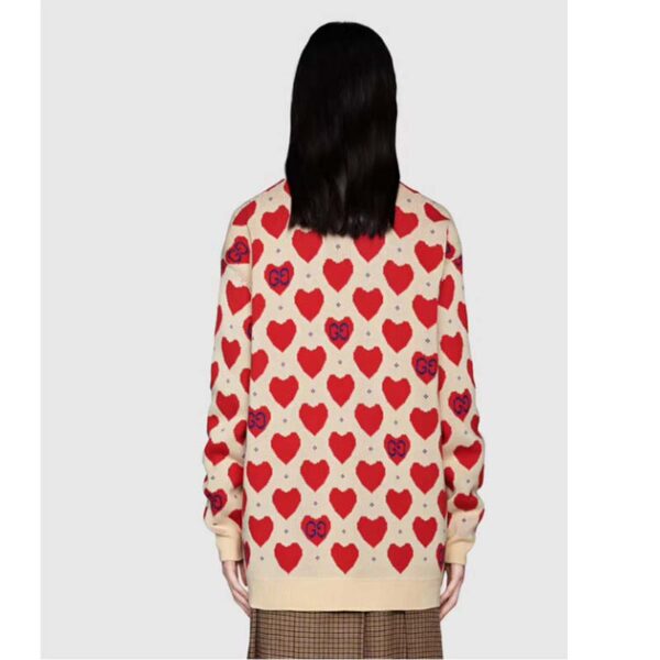 Gucci Women’s Les Pommes Cotton Heart Sweater White Hearts Knit Cotton Jacquard V-Neck (3)