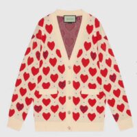 Gucci Women’s Les Pommes Cotton Heart Sweater White Hearts Knit Cotton Jacquard V-Neck (6)