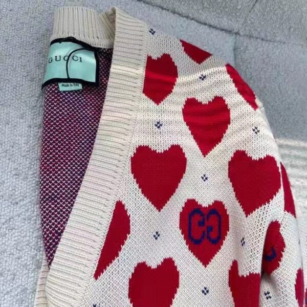 Gucci Women’s Les Pommes Cotton Heart Sweater White Hearts Knit Cotton Jacquard V-Neck (9)