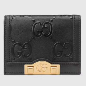 Gucci Unisex Card Case Wallet Black GG Leather Double G