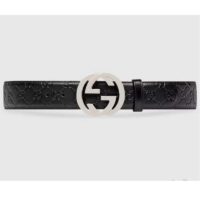 Gucci Unisex GG Signature Leather Belt Interlocking G Buckle Silver Hardware 4 cm Width