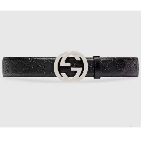 Gucci Unisex GG Signature Leather Belt Interlocking G Buckle Silver Hardware 4 cm Width (5)