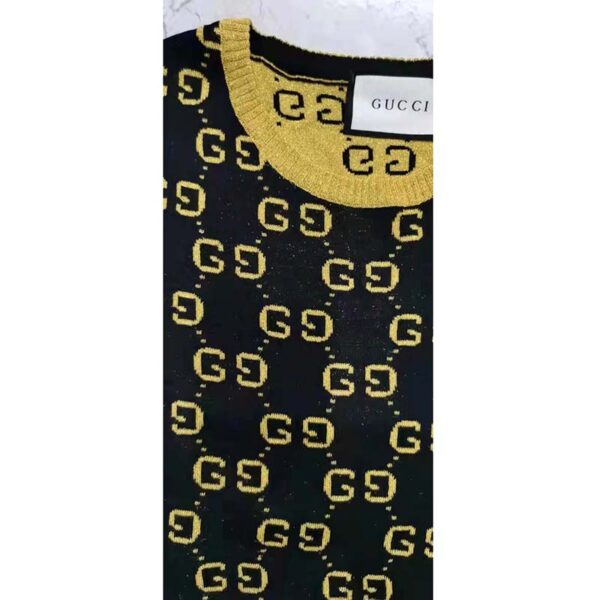 Gucci Women GG Cotton Lamé Top Blue Cotton Gold Lamé Trim Crew-Neck (1)