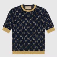 Gucci Women GG Cotton Lamé Top Blue Cotton Gold Lamé Trim Crew-Neck (2)