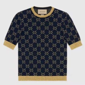 Gucci Women GG Cotton Lamé Top Blue Cotton Gold Lamé Trim Crew-Neck