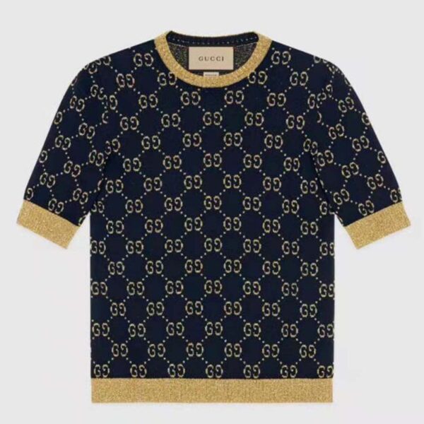 Gucci Women GG Cotton Lamé Top Blue Cotton Gold Lamé Trim Crew-Neck (2)